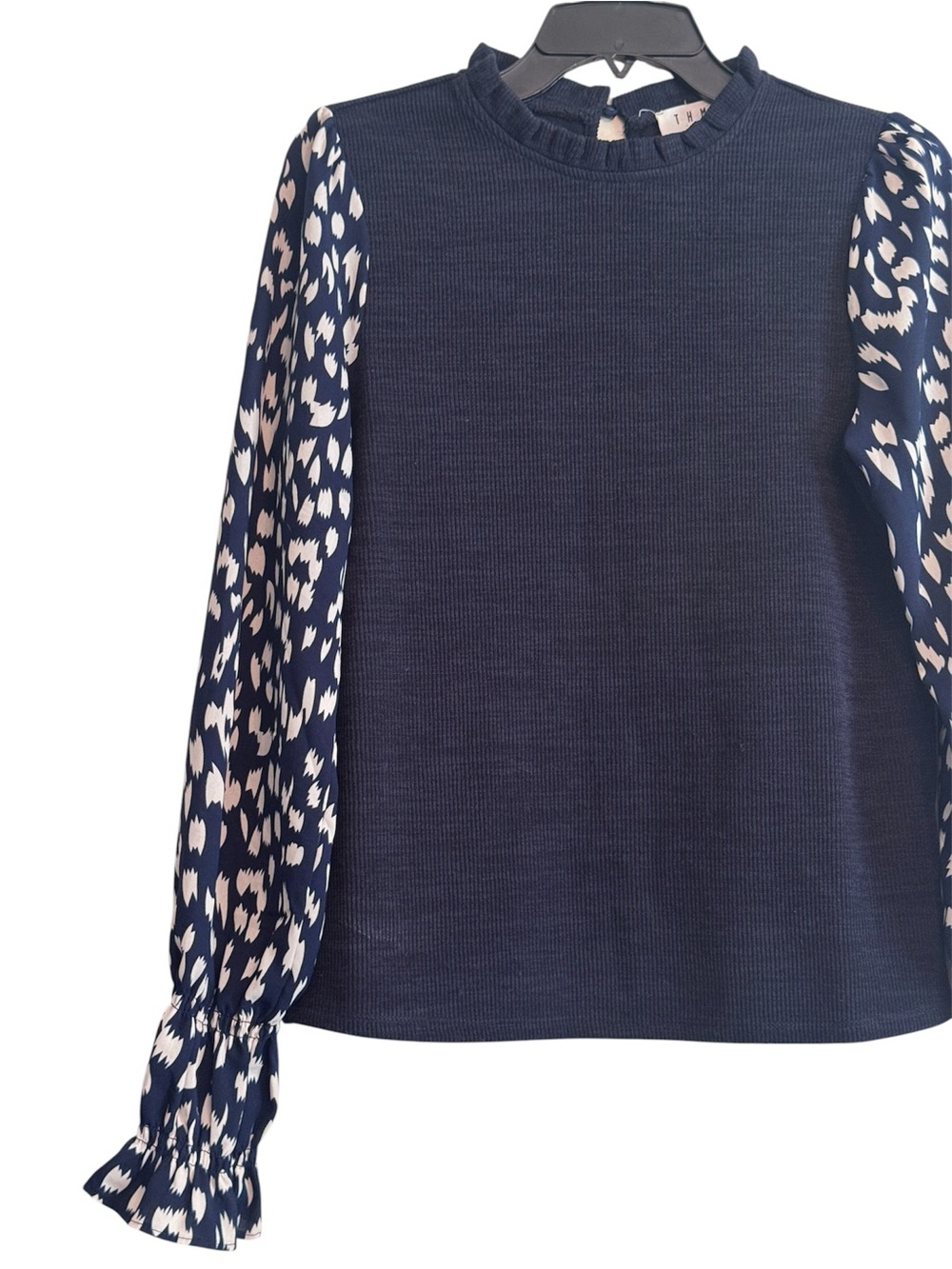 THML Navy Mixed-Media Ruffle-Neck Blouse - Picture 3 of 5